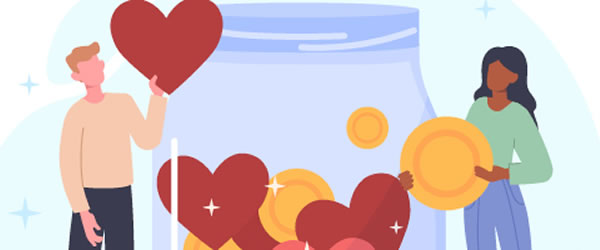 Animated image of people holding coins and hearts in front of a jar